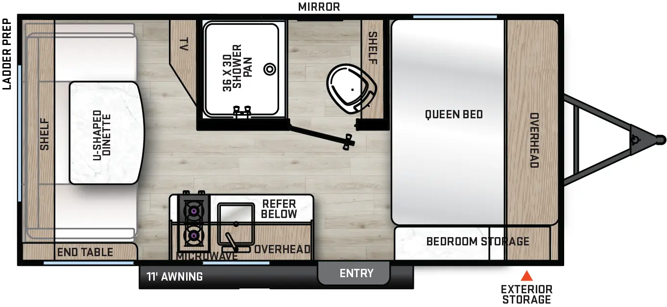 The 15RDS has zero slideouts and one entry. Exterior features front exterior storage, 11 foot awning, and ladder prep. Interior layout front to back: side-facing queen bed with overhead cabinet, and door side bedroom storage; off-door side bathroom with shelf, toilet and shower only; door side entry, kitchen counter with sink and cooktop, refrigerator below, overhead cabinet, and microwave; rear u-shape dinette with shelf above and door-side end table; TV cabinet on interior wall of bathroom.